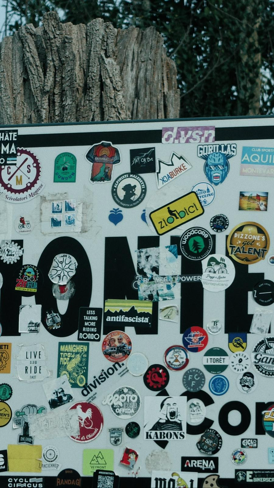Um painel cheio de adesivos de diferentes tamanhos e estilos, incluindo logos de bicicleta, esportes, marcas e grupos diversos, colados em uma superfície preta com partes visíveis do fundo natural e uma árvore ao fundo.