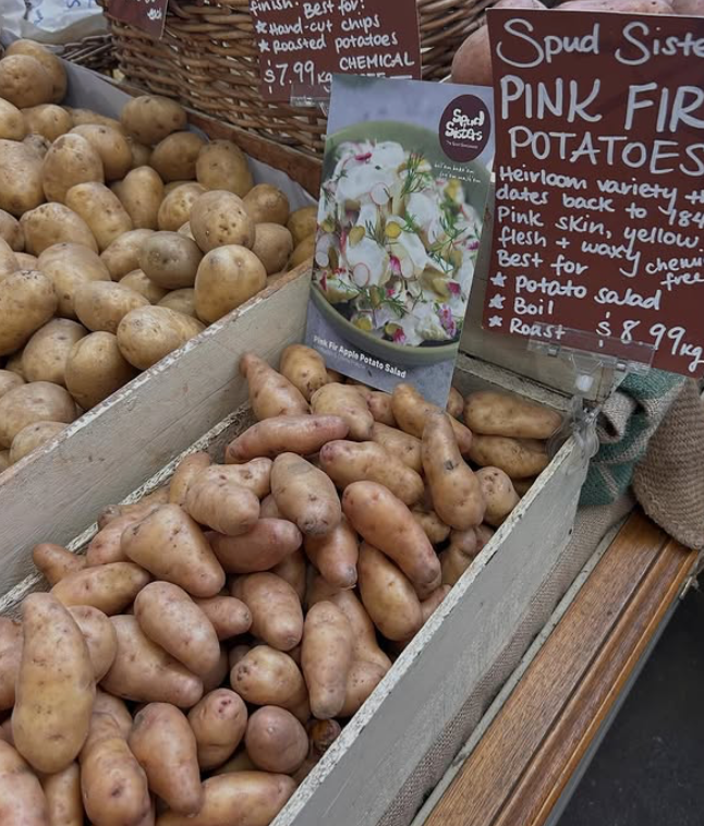 Wooden display box filled with pink fingerling potatoes at a market, with a sign describing the potatoes and a picture of a potato salad recipe.