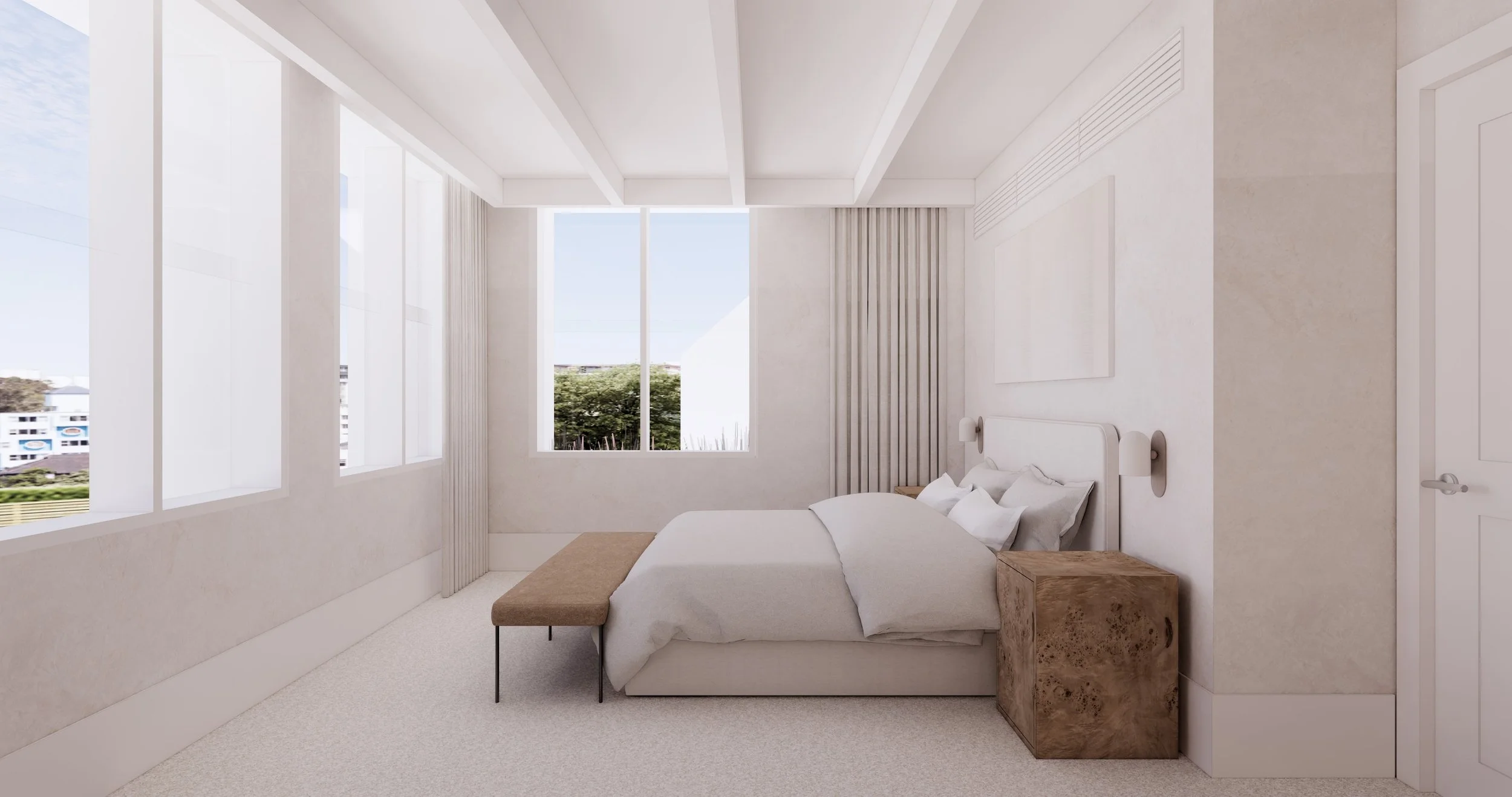 Minimal bedroom with soft neutral palette, timber bedside tables and natural light
