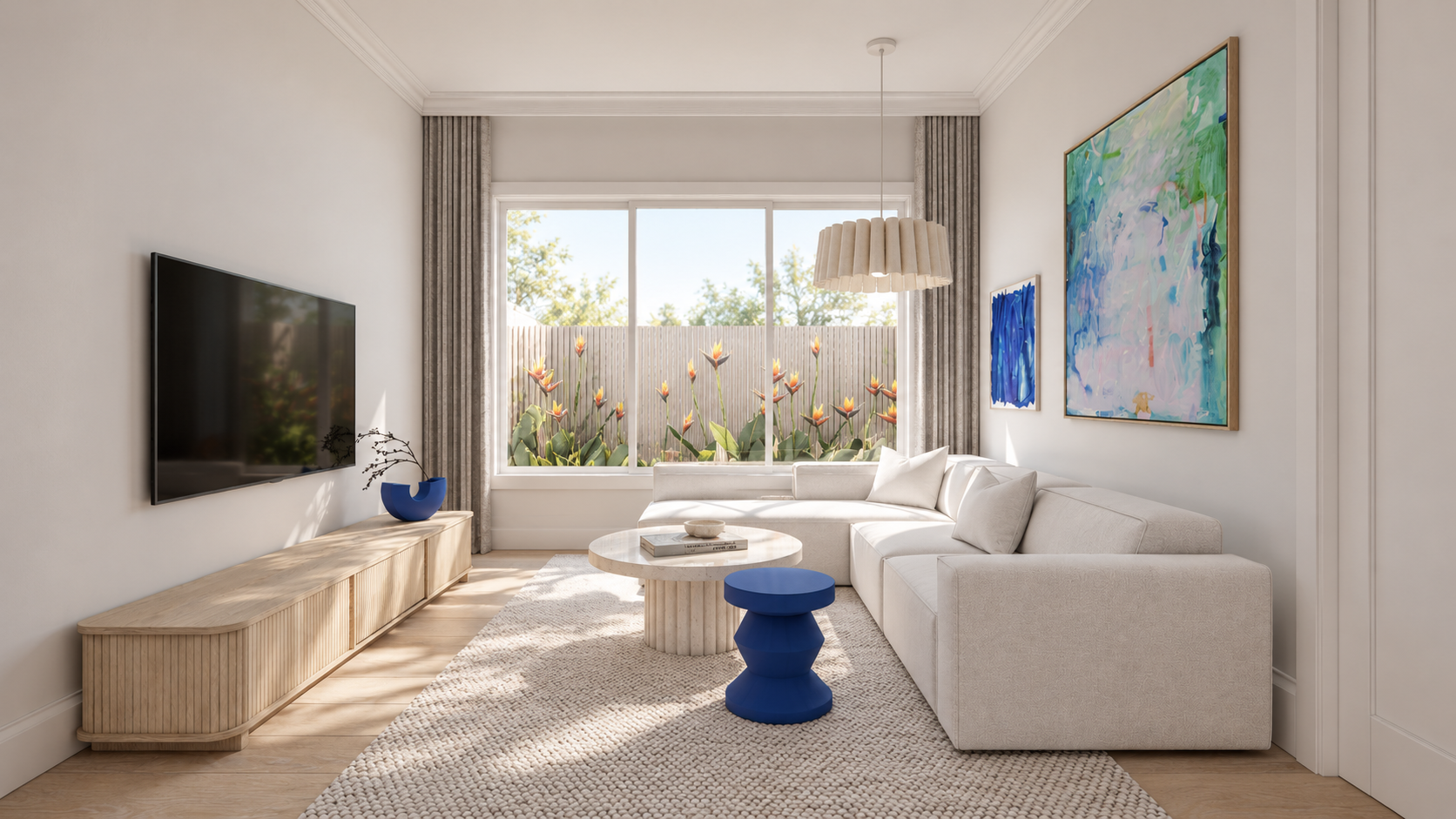 Rumpus room render with a white corner sofa, low timber media cabinet, blue accent furniture and colourful artwork.