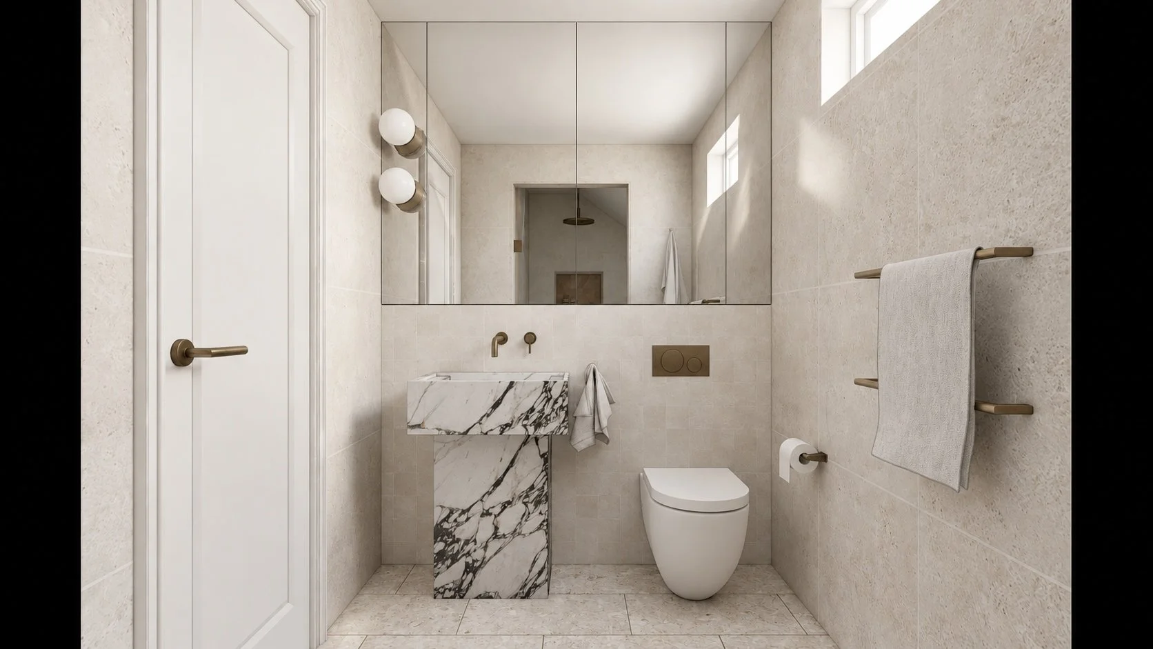 Guest bathroom at P&O House with a veined stone pedestal basin, mirrored cabinetry and bronze fittings.