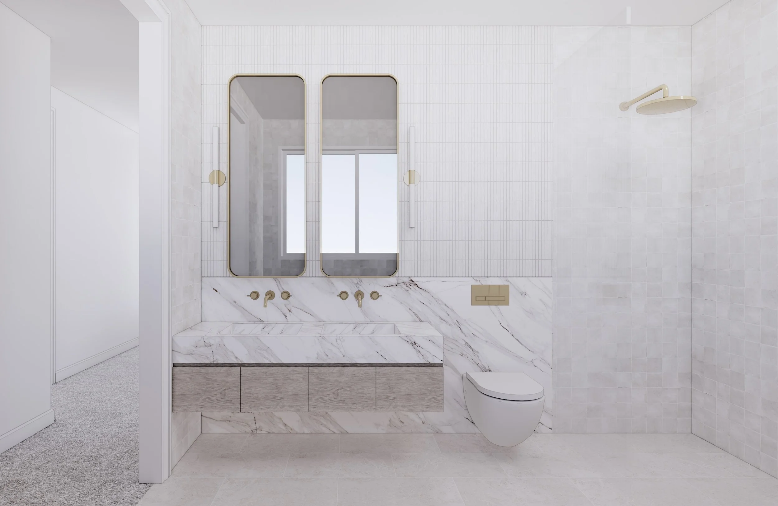 Double vanity bathroom with marble surfaces, timber joinery and brass fixtures