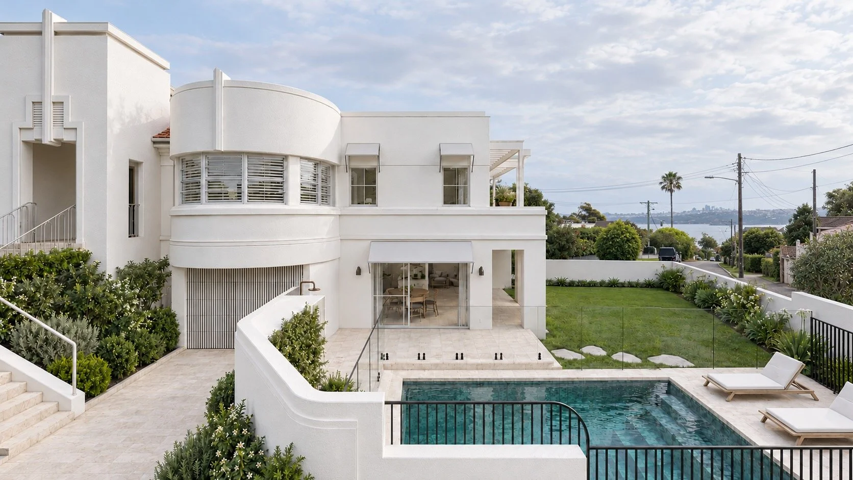 Two-storey extension at P&O House, with upstairs living spaces above garden entertaining areas and a swimming pool.
