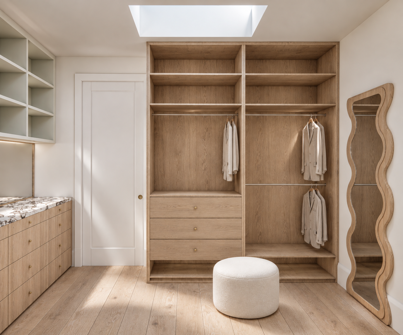 Walk-in robe render featuring open oak joinery, a marble dressing bench, a curved full-length mirror and overhead skylight.