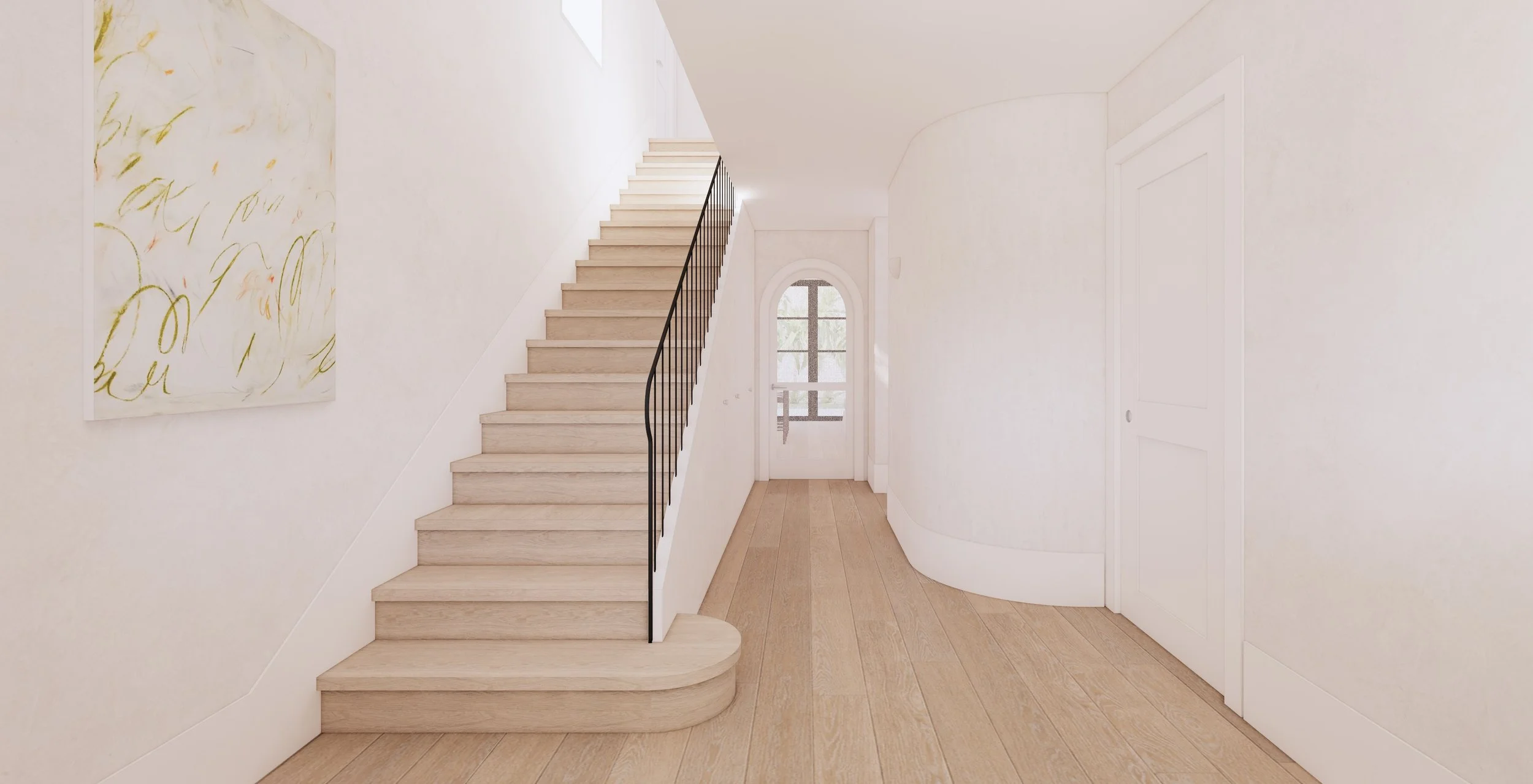 Timber staircase with curved wall and natural light in Balmain East home renovation