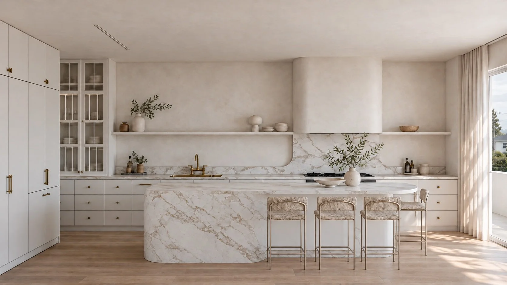 curved-island	Kitchen at P&O House with a curved stone island, white cabinetry, brass fittings and pale timber flooring.
