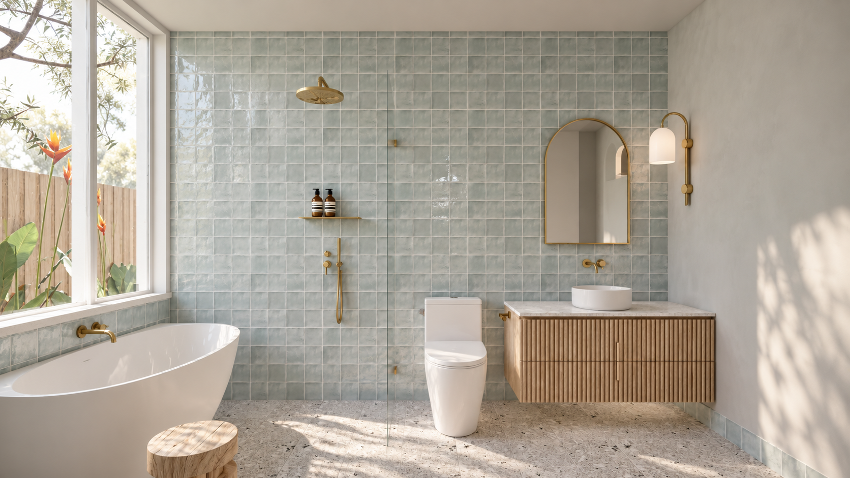 Bathroom render with pale blue wall tiles, a freestanding bath, fluted timber vanity, arched mirror and brass fittings.
