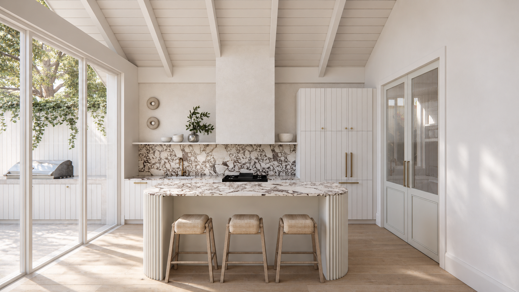 Kitchen render with a curved fluted island, veined marble benchtops, white joinery and exposed ceiling rafters at Clovelly House.
