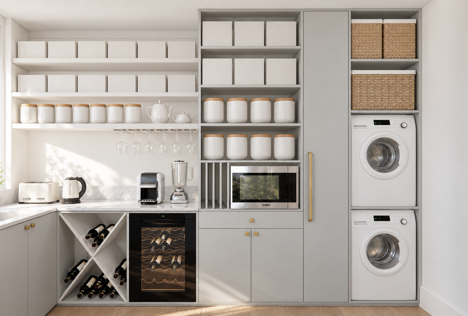 Combined butler’s pantry and laundry render with open shelving, pale grey joinery, wine storage and stacked laundry appliances.
