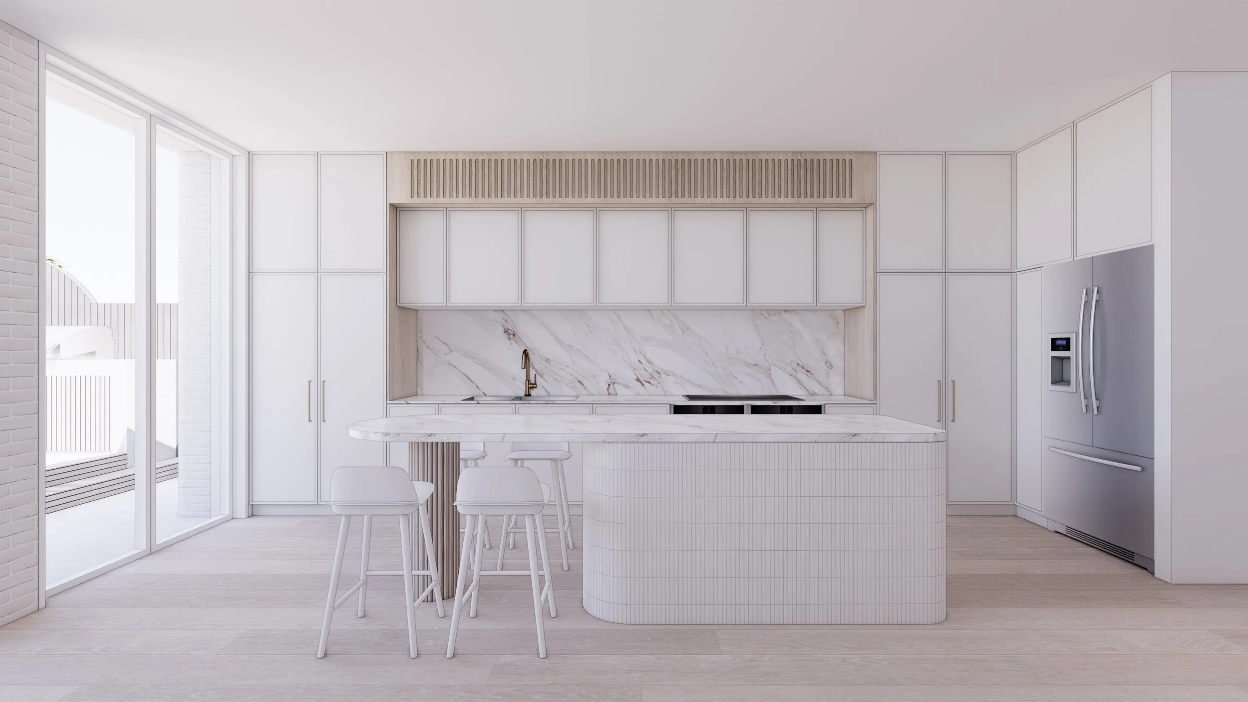 Kitchen with marble island, curved joinery and integrated cabinetry in Randwick home