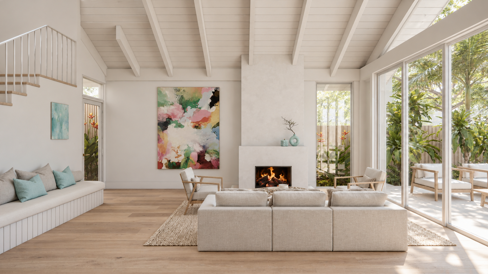 Living room render with a vaulted ceiling, feature fireplace, colourful artwork and full-height glazing opening to the terrace.