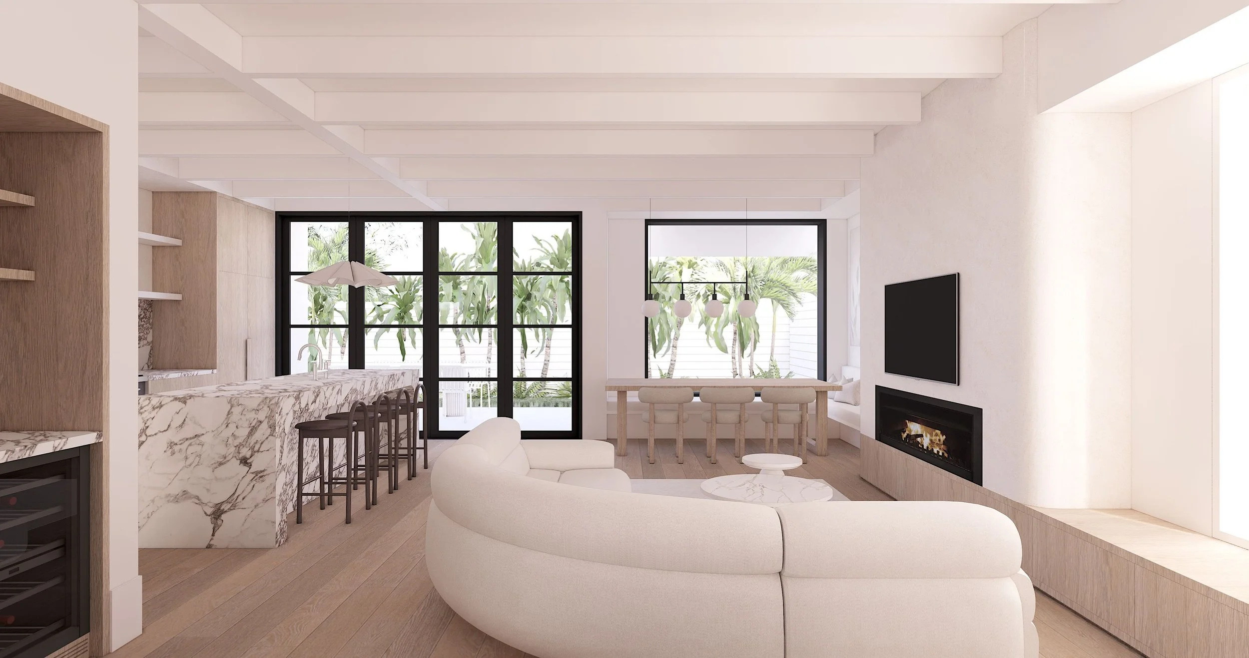 Living room with curved sofa, fireplace and connection to garden in Balmain East home