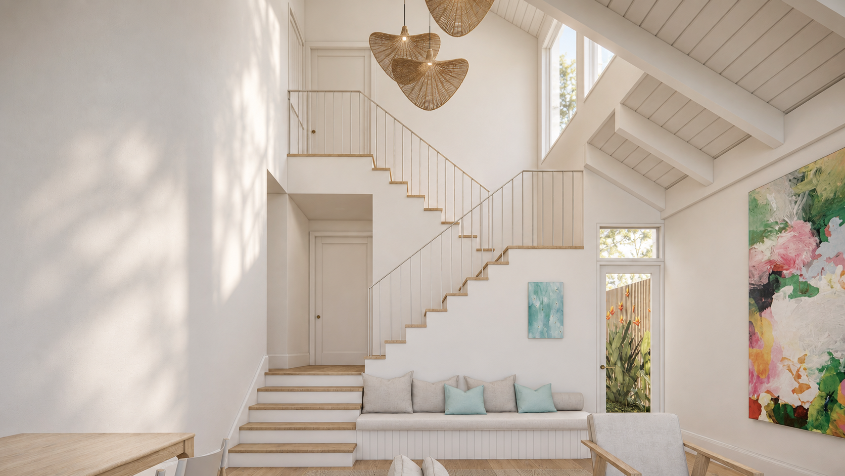 Render of the double-height stair void with timber treads, slender white balustrades, woven pendant lights and built-in seating.