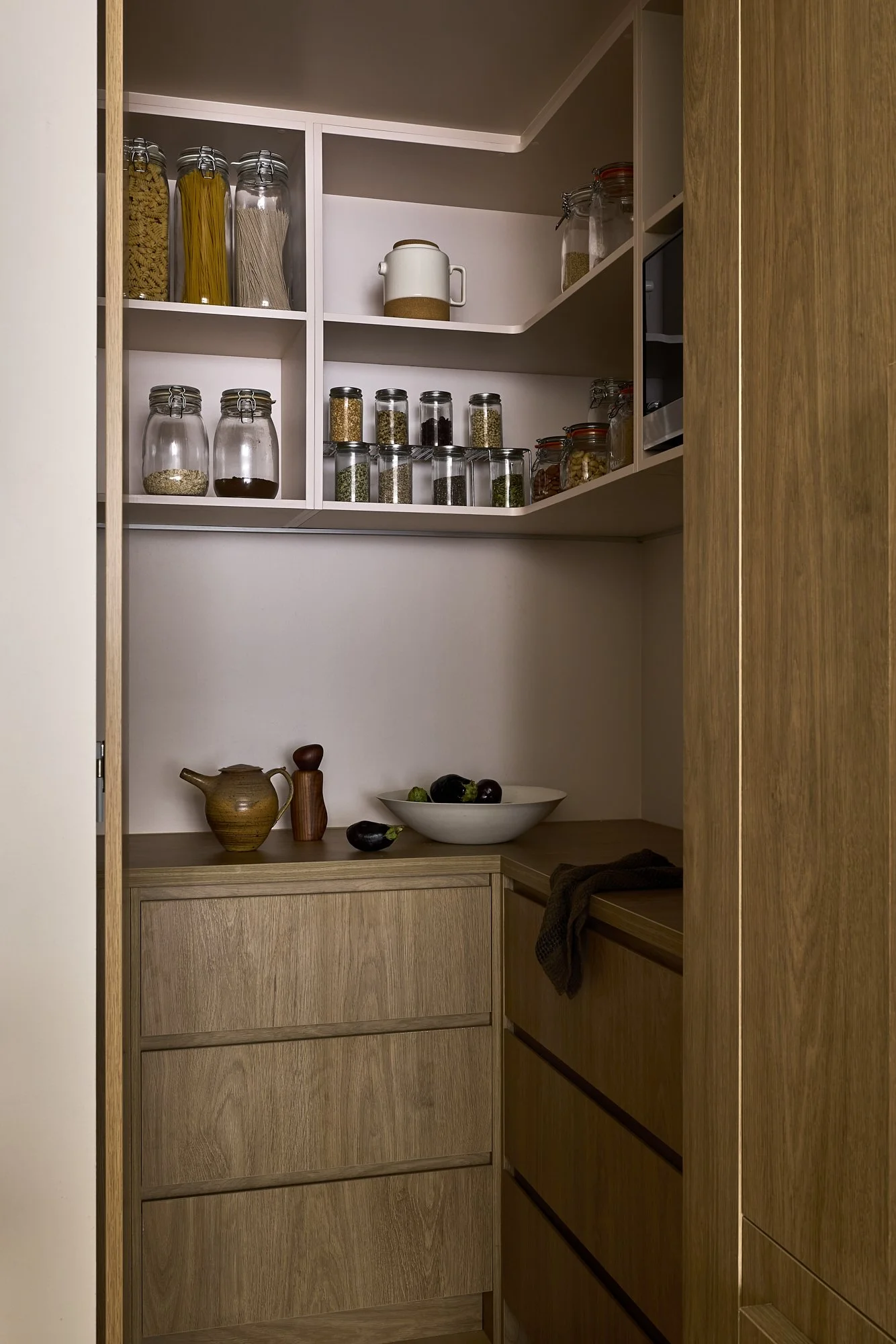 Walk in pantry and custom joinery in a refined Balmain architect designed terrace renovation.