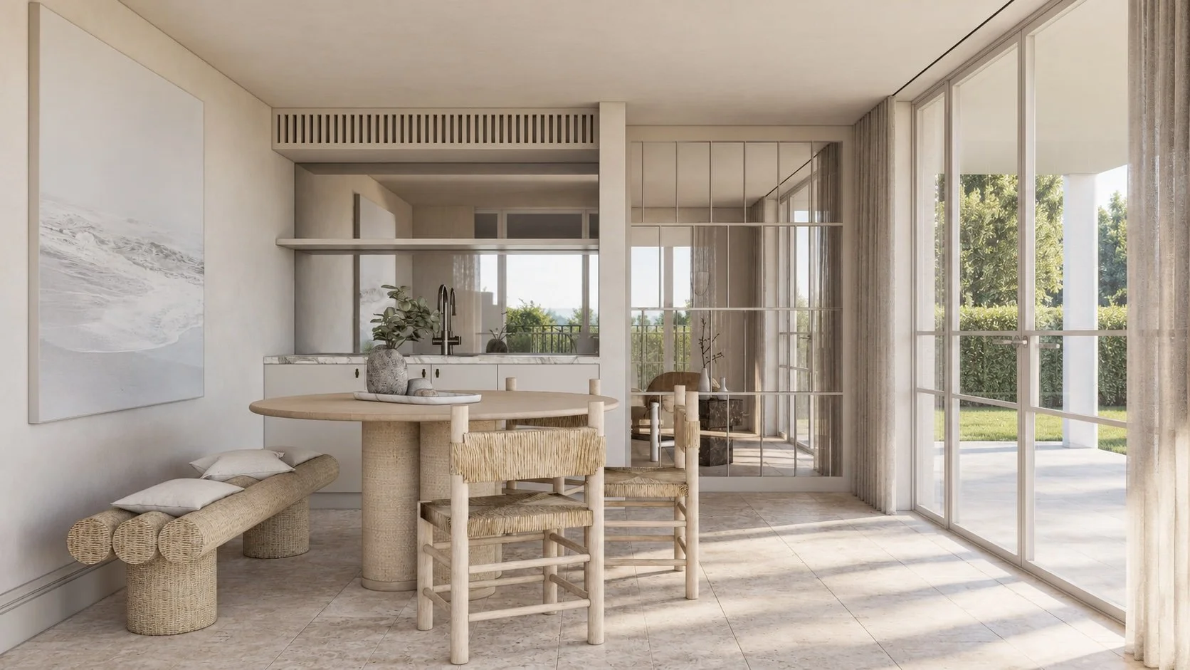 Informal entertaining space at P&O House with a round table, woven seating and a kitchenette beside the garden.