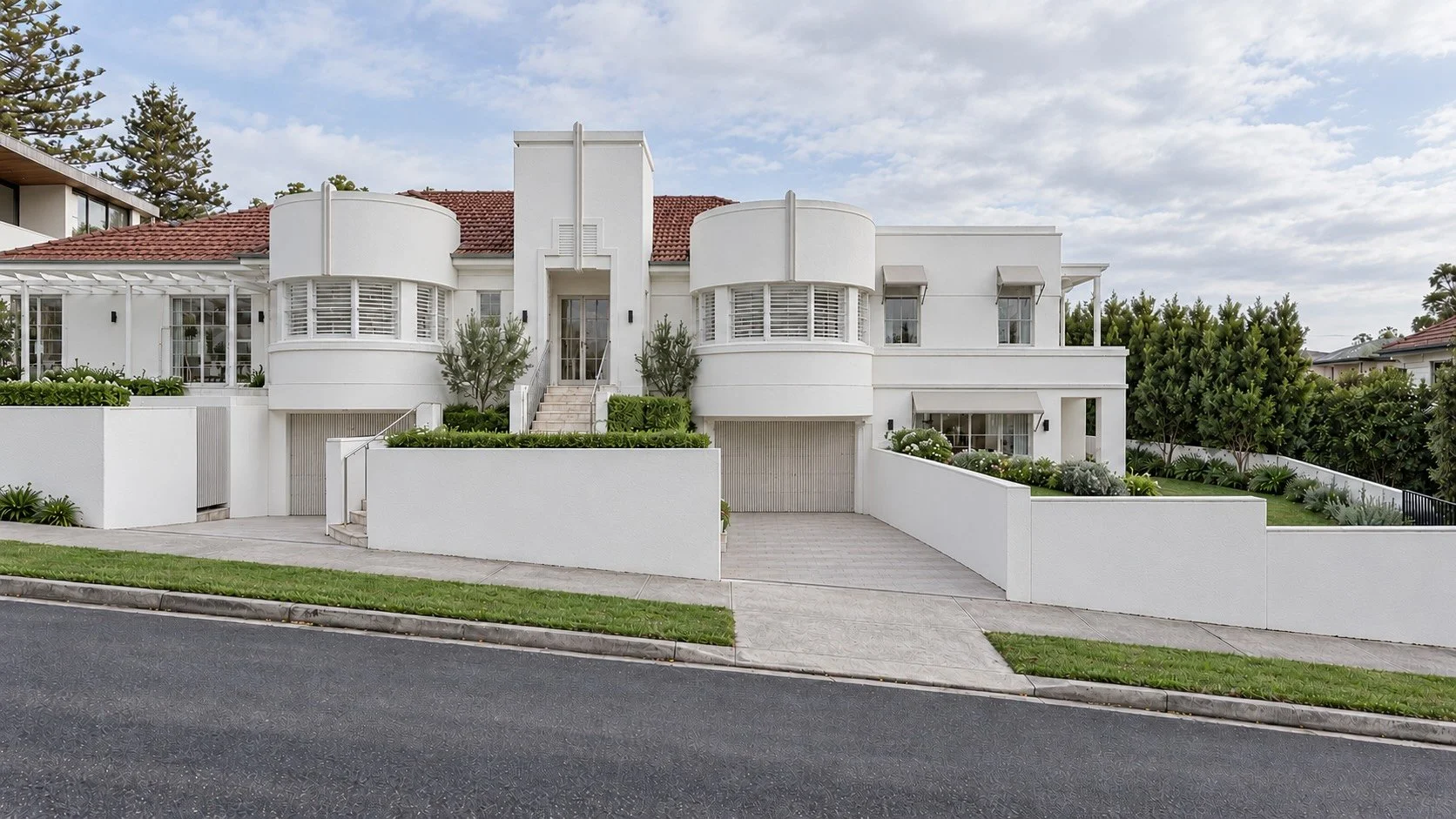 Architectural visualisation of P&O House, showing its white Art Deco façade, curved bays and corner streetscape.