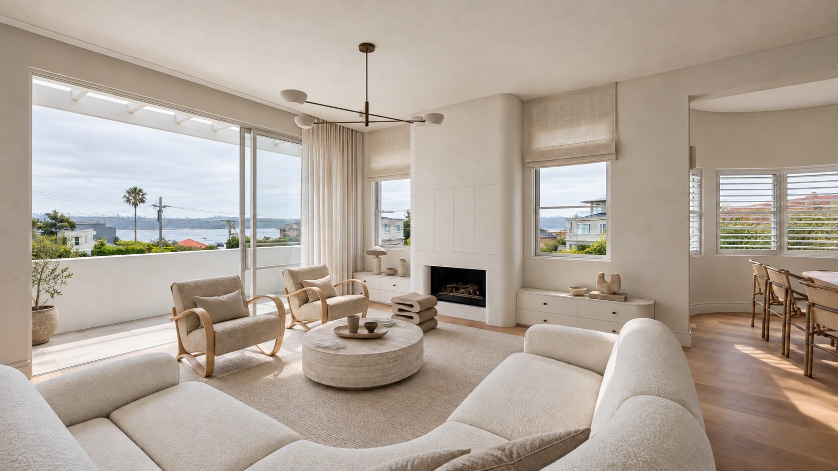 Living room at P&O House opening onto a balcony overlooking the garden and harbour, with curved seating and a pale material palette.