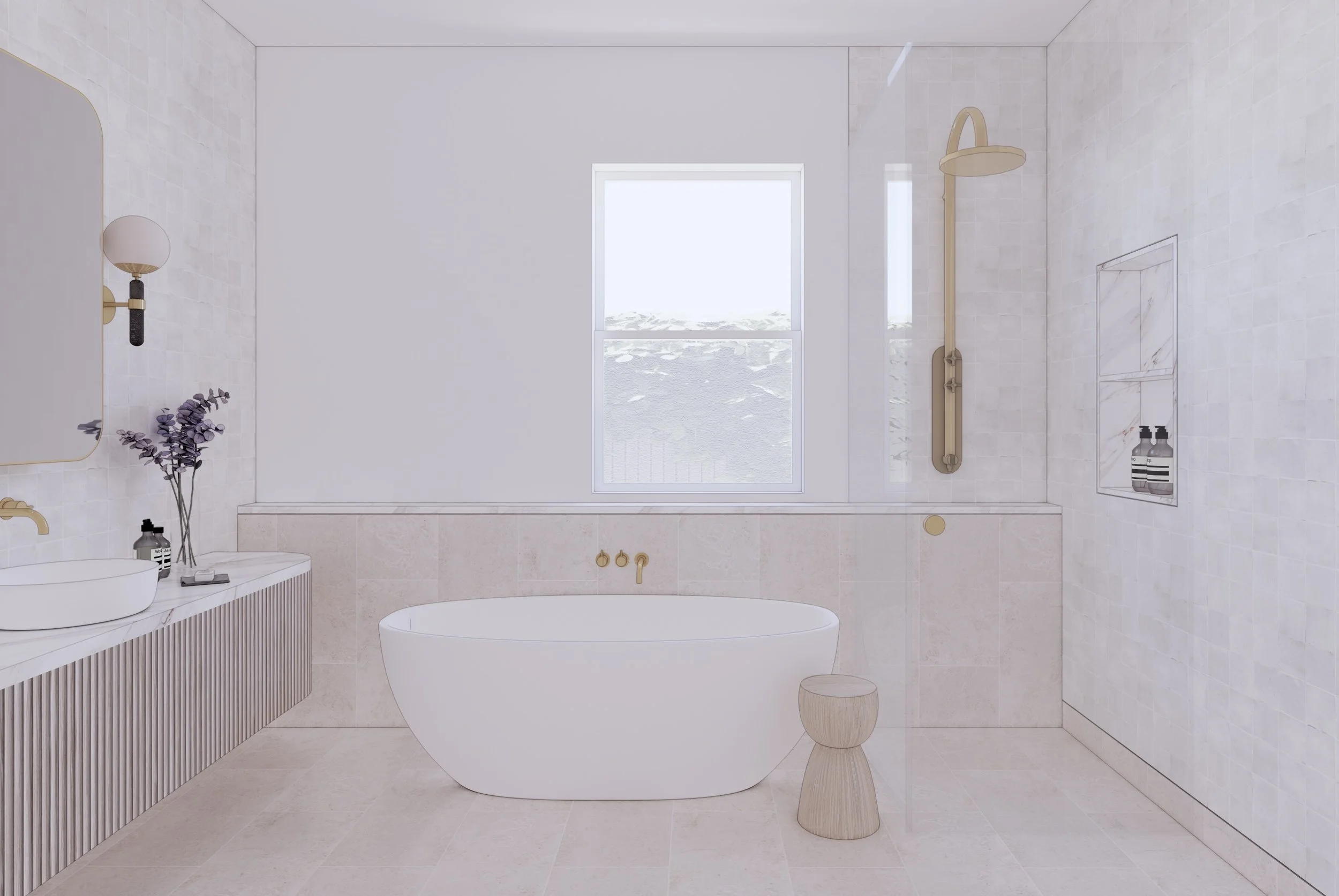 Bathroom with freestanding bath, stone finishes and soft neutral palette in Randwick home design