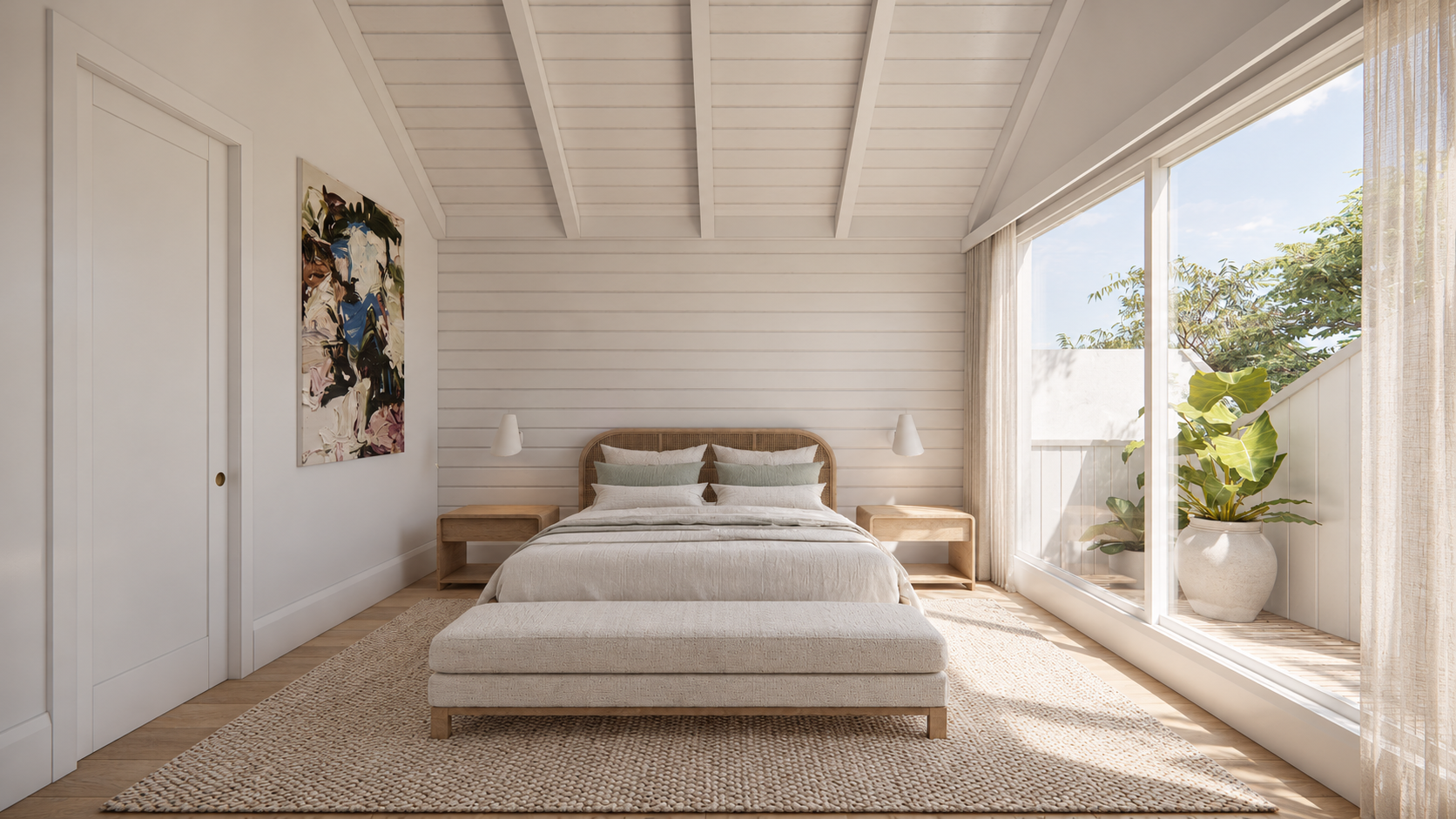 Primary bedroom render with a vaulted white ceiling, woven bedhead and large sliding doors opening to a north-facing balcony.