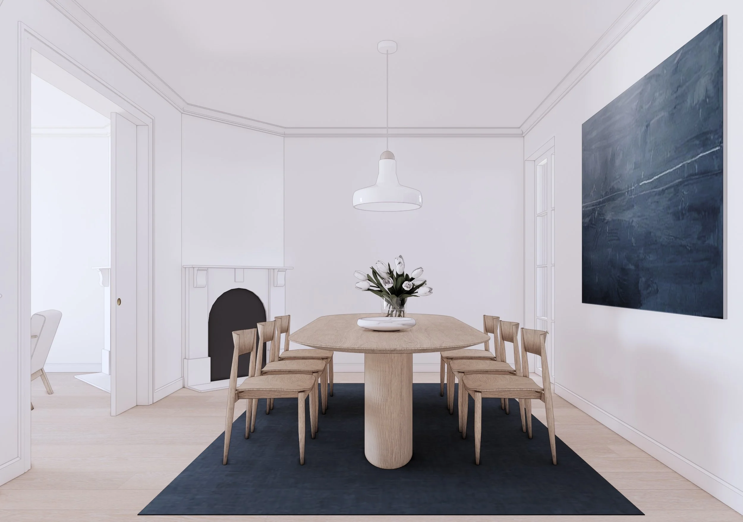 Dining room with timber table, heritage detailing and soft neutral interior palette