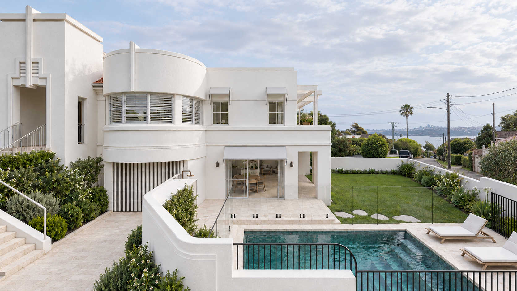 Two-storey extension at P&O House, with upstairs living spaces above garden entertaining areas and a swimming pool.