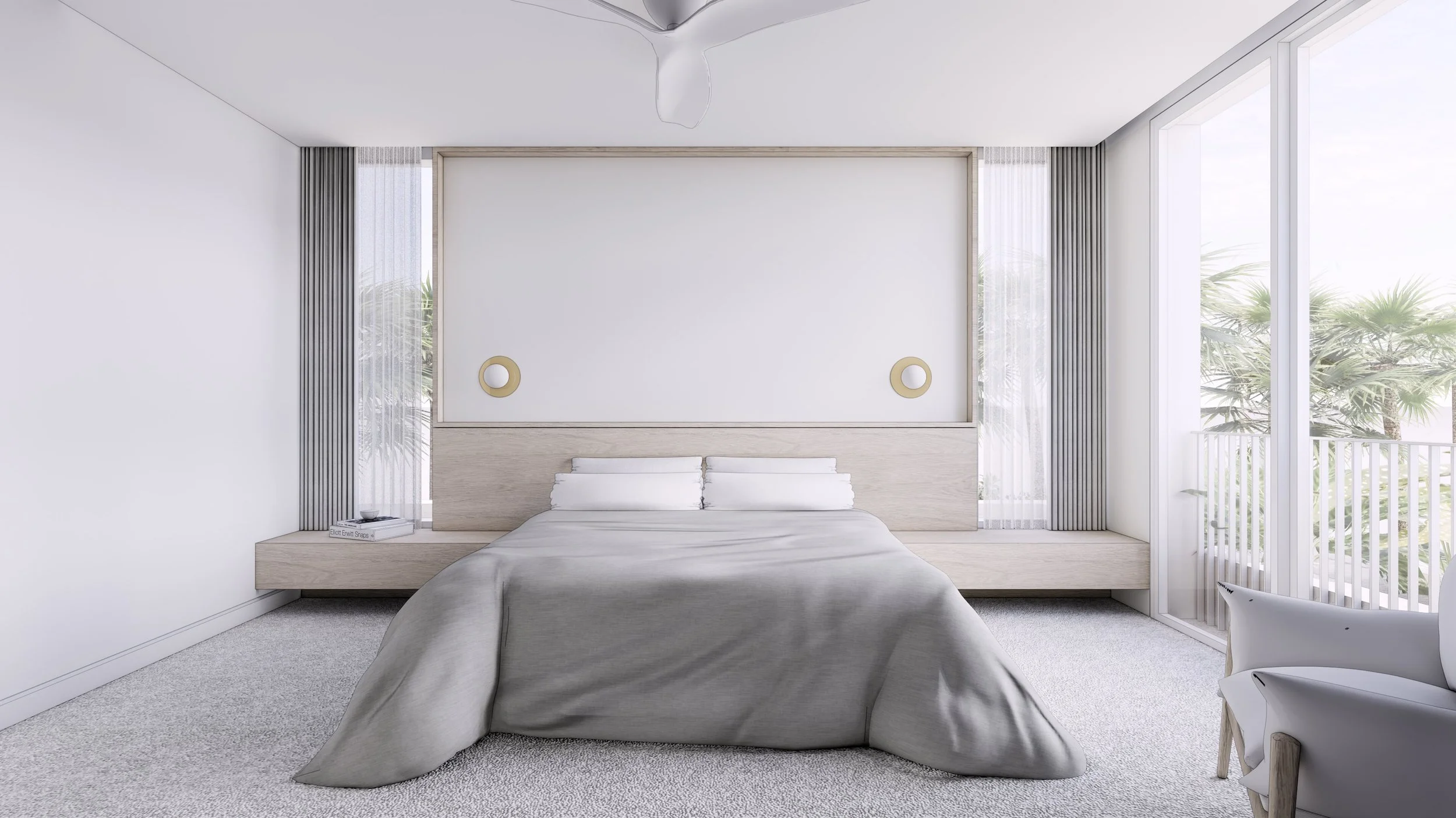 Bedroom with built-in joinery, soft finishes and natural light in contemporary Randwick home