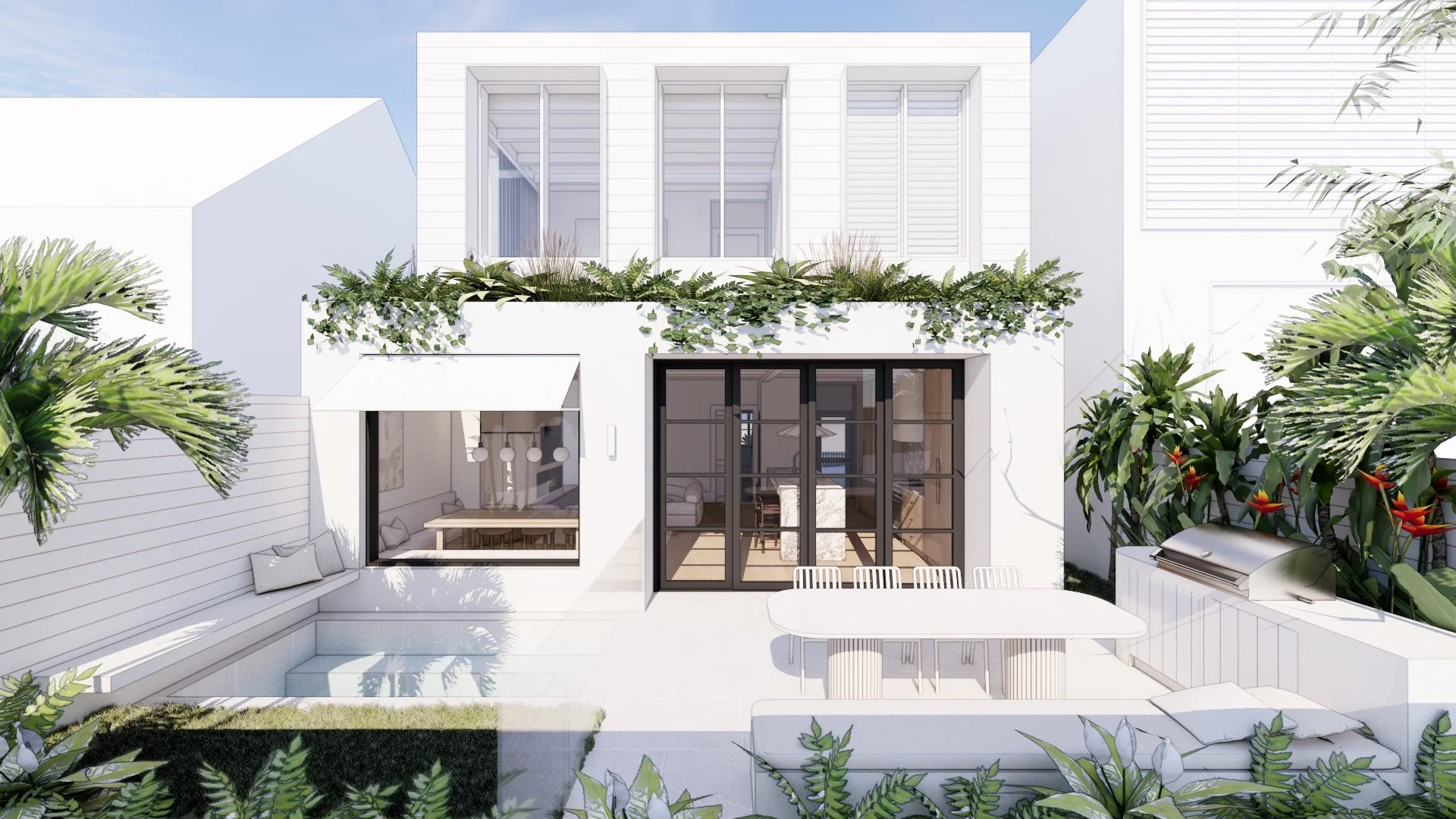 Contemporary rear extension opening to courtyard with outdoor dining and landscaped garden in Balmain East