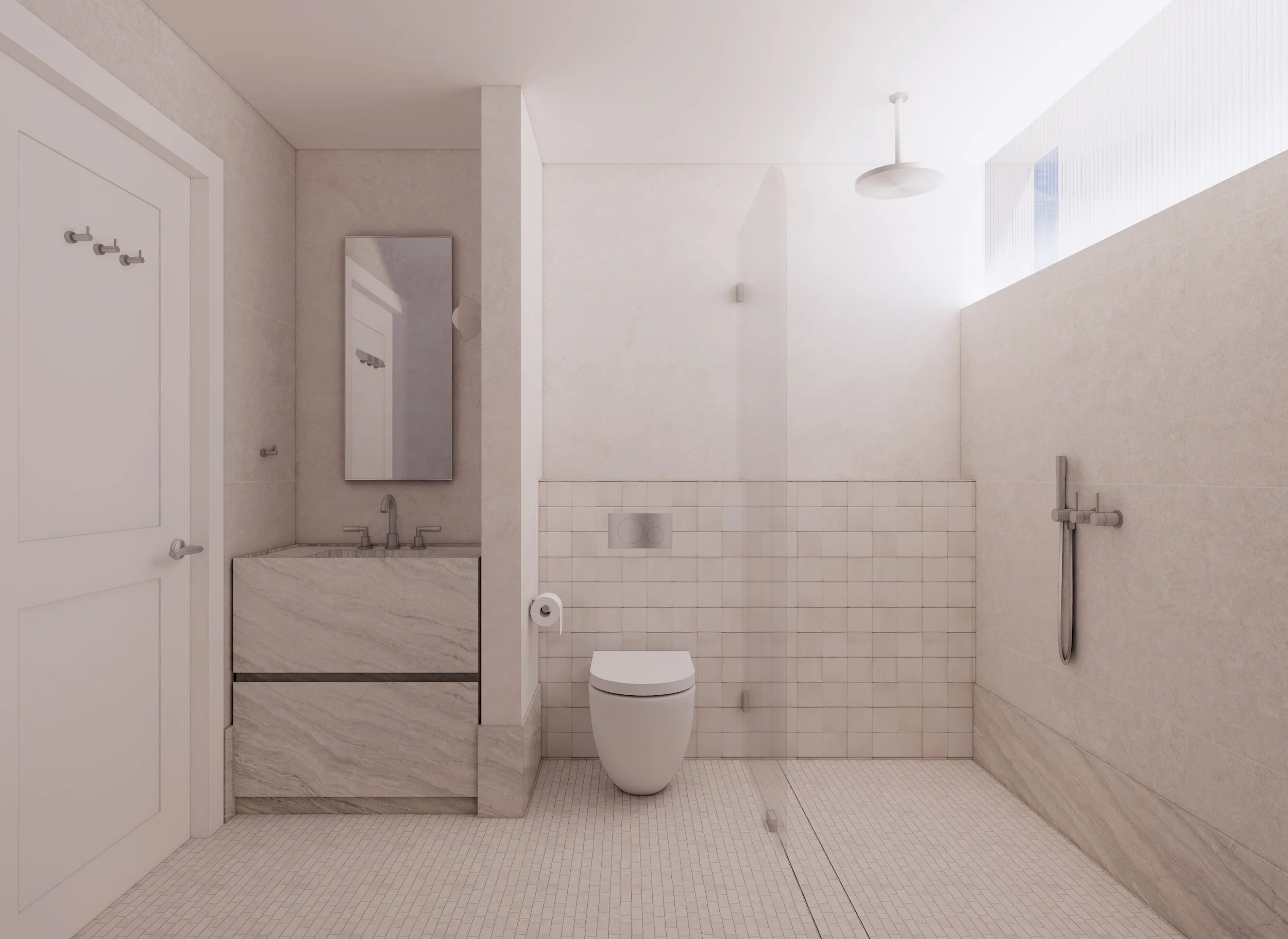 Powder room with stone basin, textured walls and minimal contemporary detailing