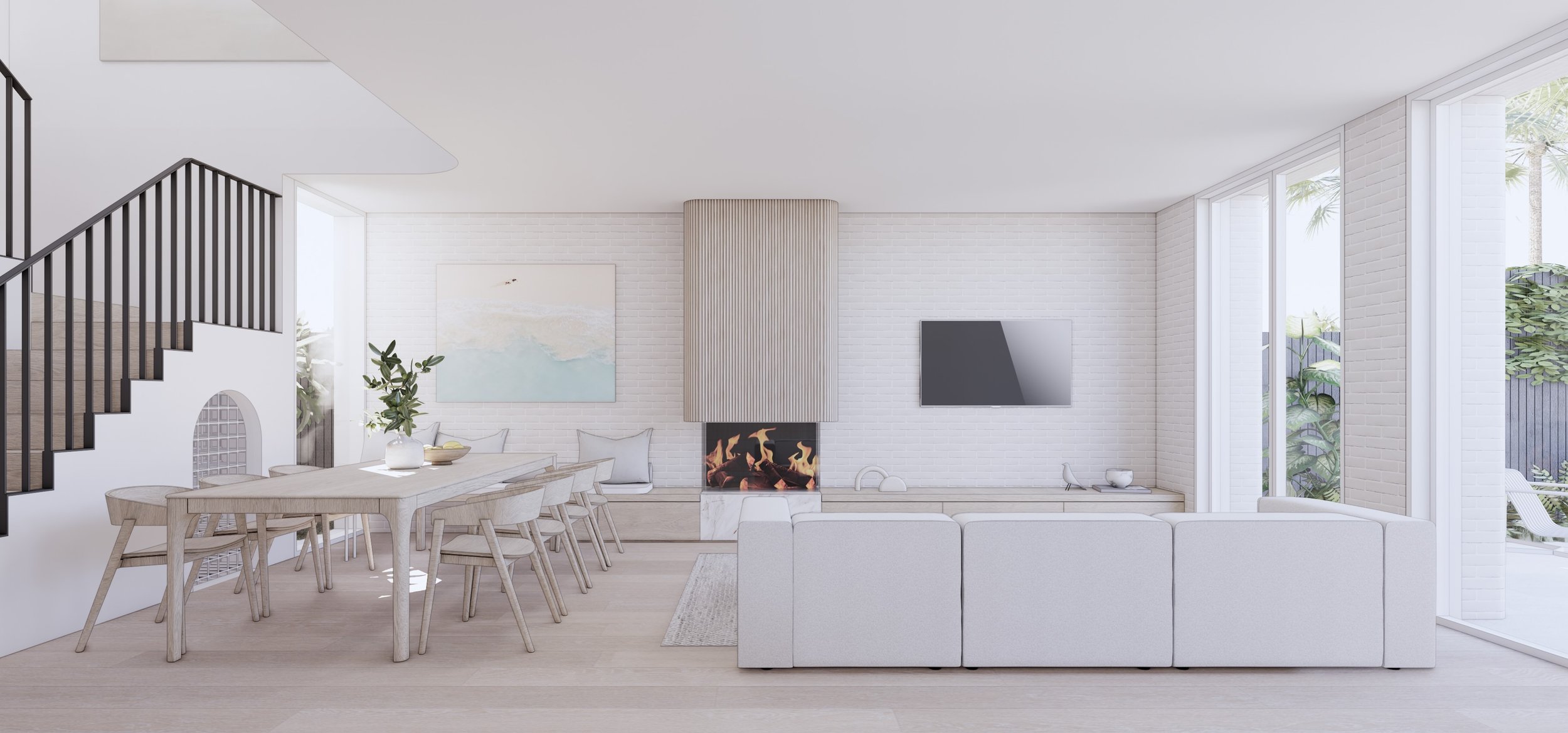 Open plan living and dining area with fireplace, timber flooring and natural light