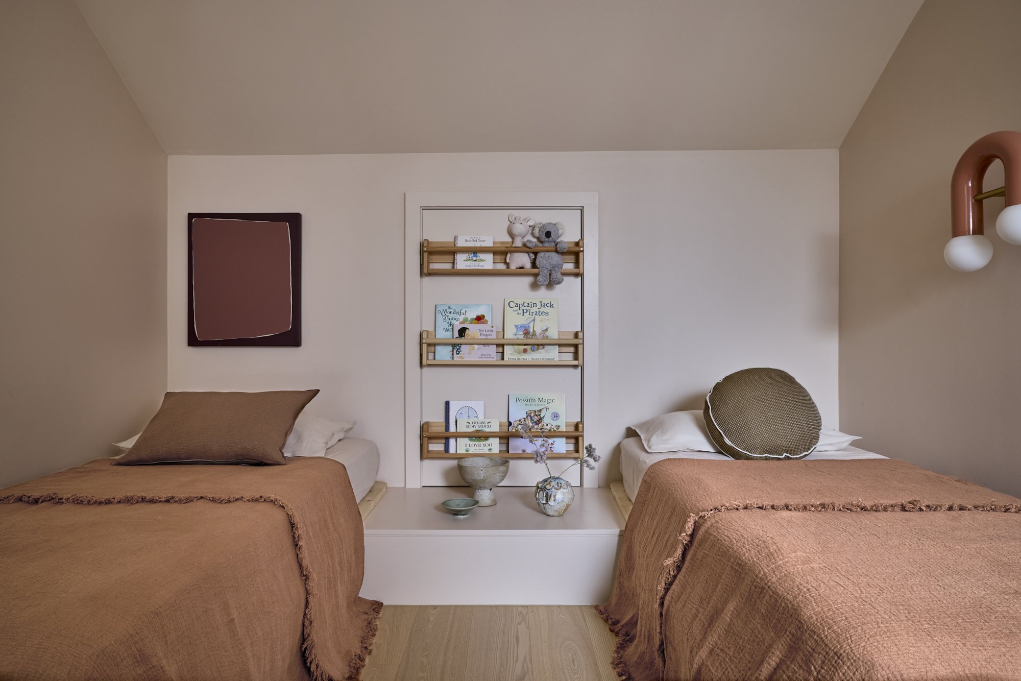 Children’s bedroom with twin beds in a Balmain heritage terrace renovation.
