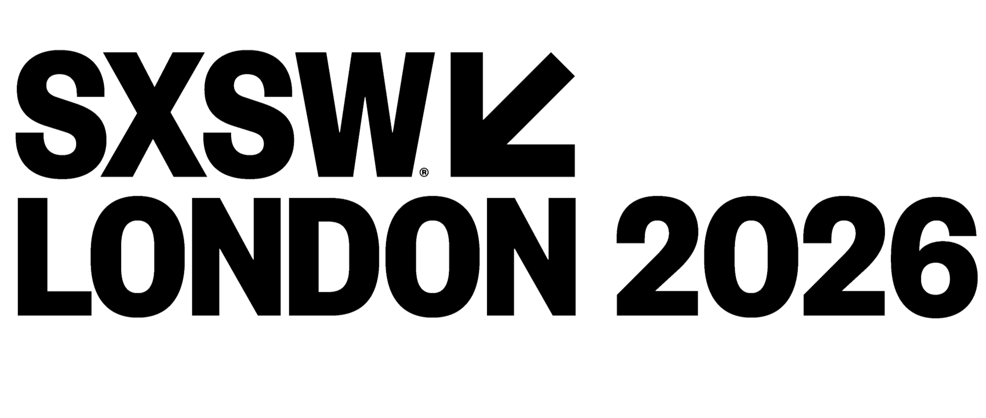 Event logo for SXSW London 2026, featuring bold black outlined text on a white background.