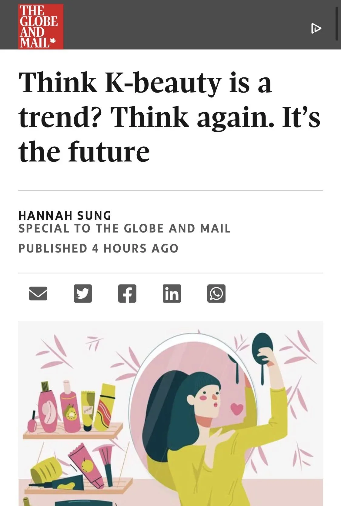 Screenshot of an article titled 'Think K-beauty is a trend? Think again. It's the future'