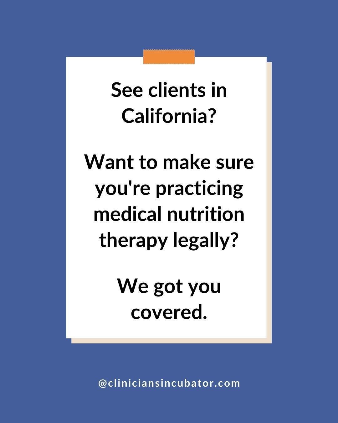 If you're ever planning on seeing clients in California, you don't want to miss this informational webinar discussing how to manage the legal requirements to provide medical nutrition therapy with CNS Supervisor Alyson Roux.

Wednesday, May 10, 10:00