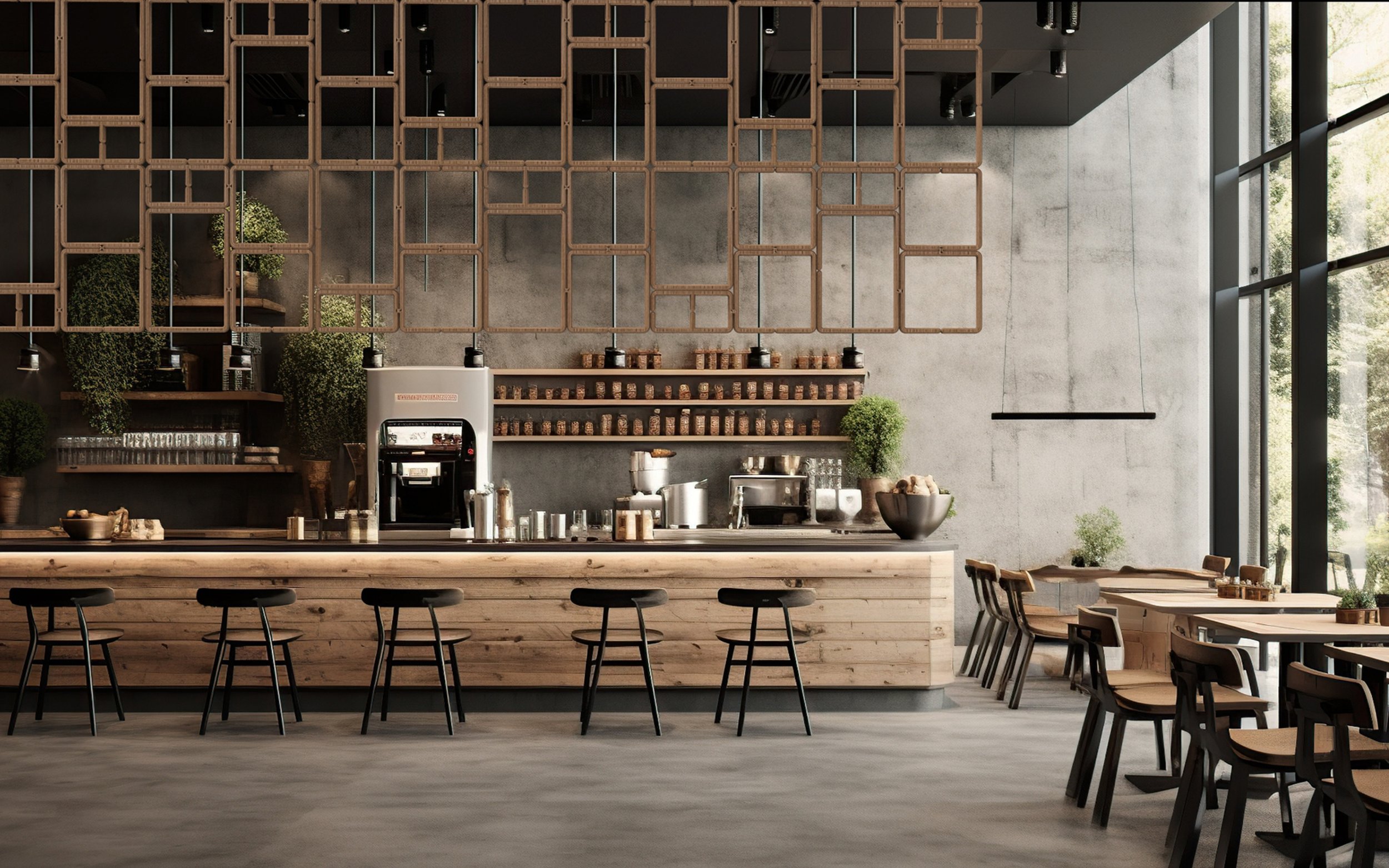 Custom 3D Printed Furniture - Modern coffee shop interior with a wooden bar counter, bar stools, tables with chairs, and decorative plants near large windows.