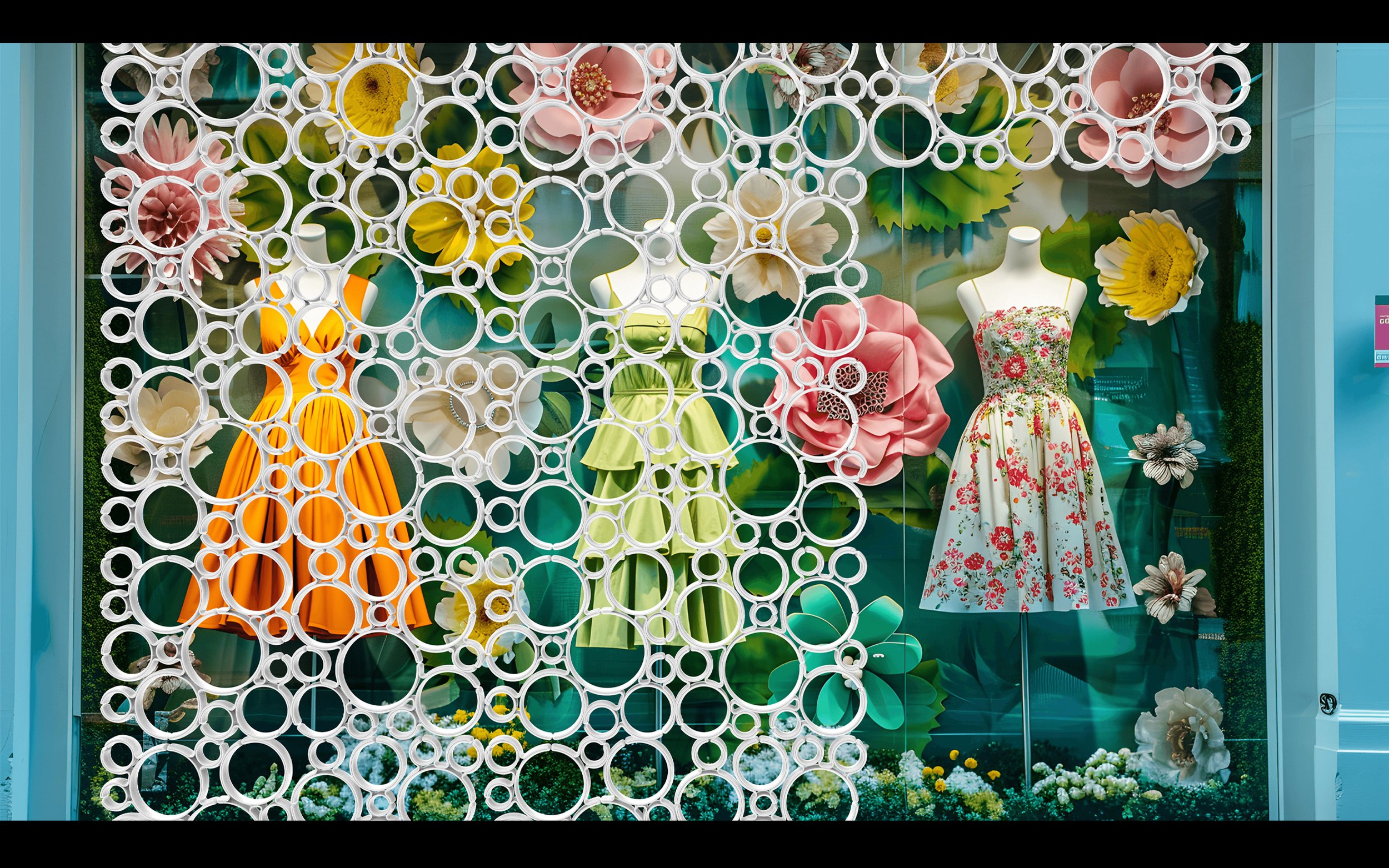 Custom 3D Printed Furniture - Store window display with mannequins dressed in colorful floral and pastel dresses, large paper flowers, and decorative circular white lattice overlay.