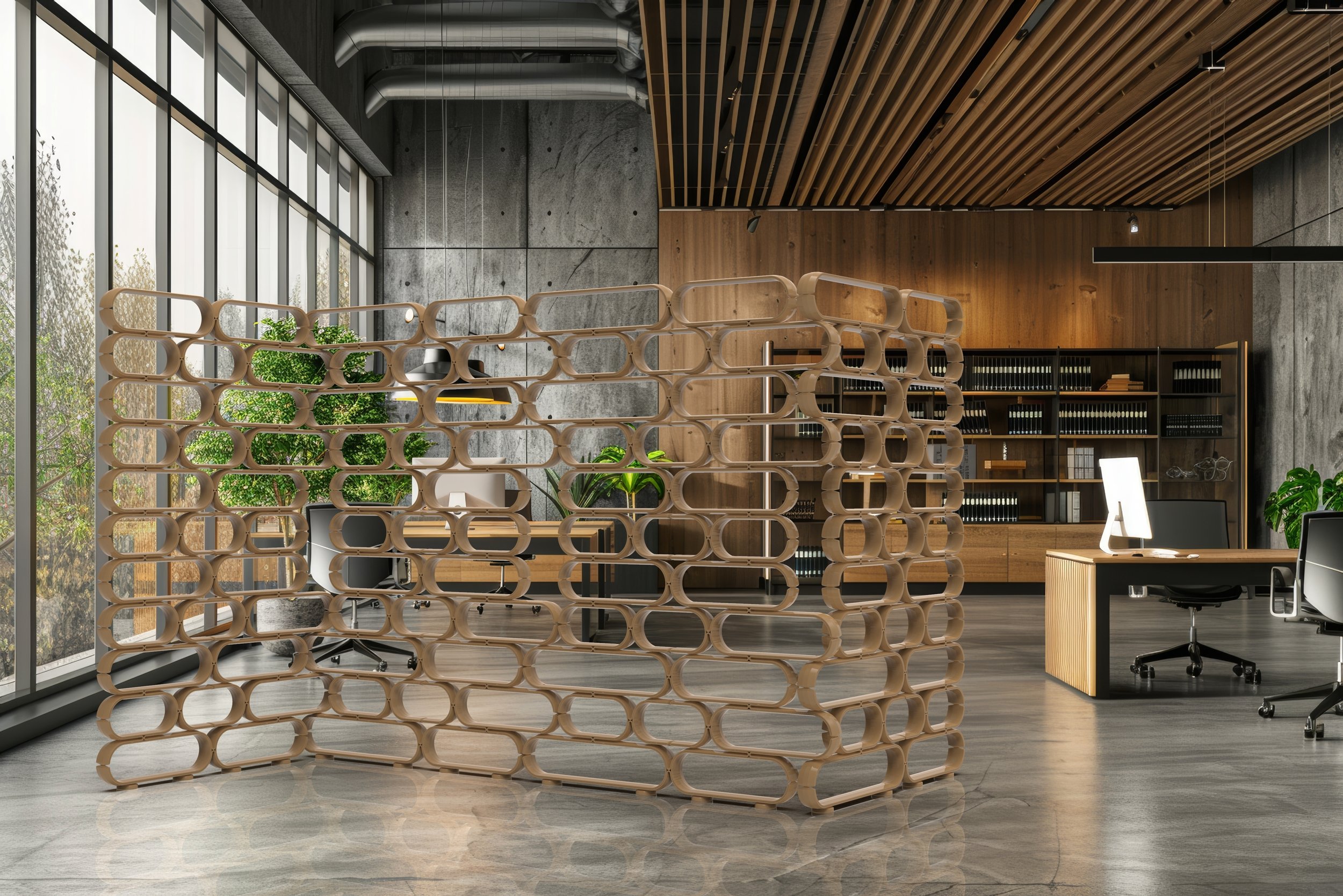 Custom 3D Printed Furniture - Modern office space with large floor-to-ceiling windows, wooden ceiling accents, a decorative partition with circular openings, desks, chairs, and bookshelves.
