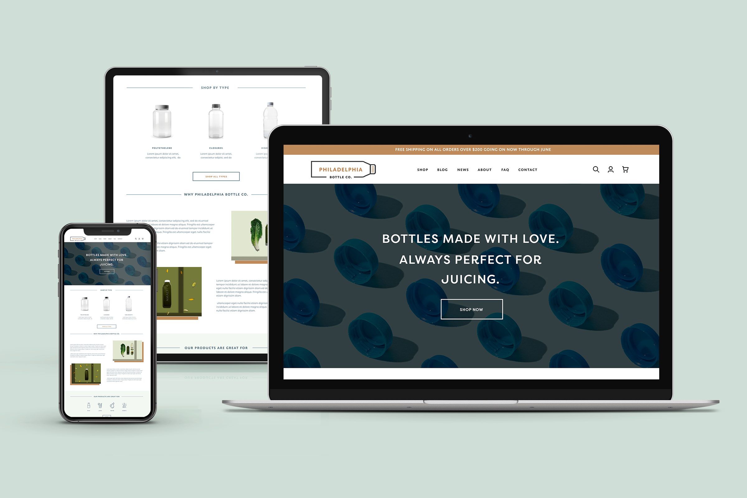 Philadelphia Bottle Company — A website sample for a boutique bottle supply company serving hobbyists, juice company owners, event planners, and more. Led an agency design team, held client meetings, led brand discovery phase, website planning, art d