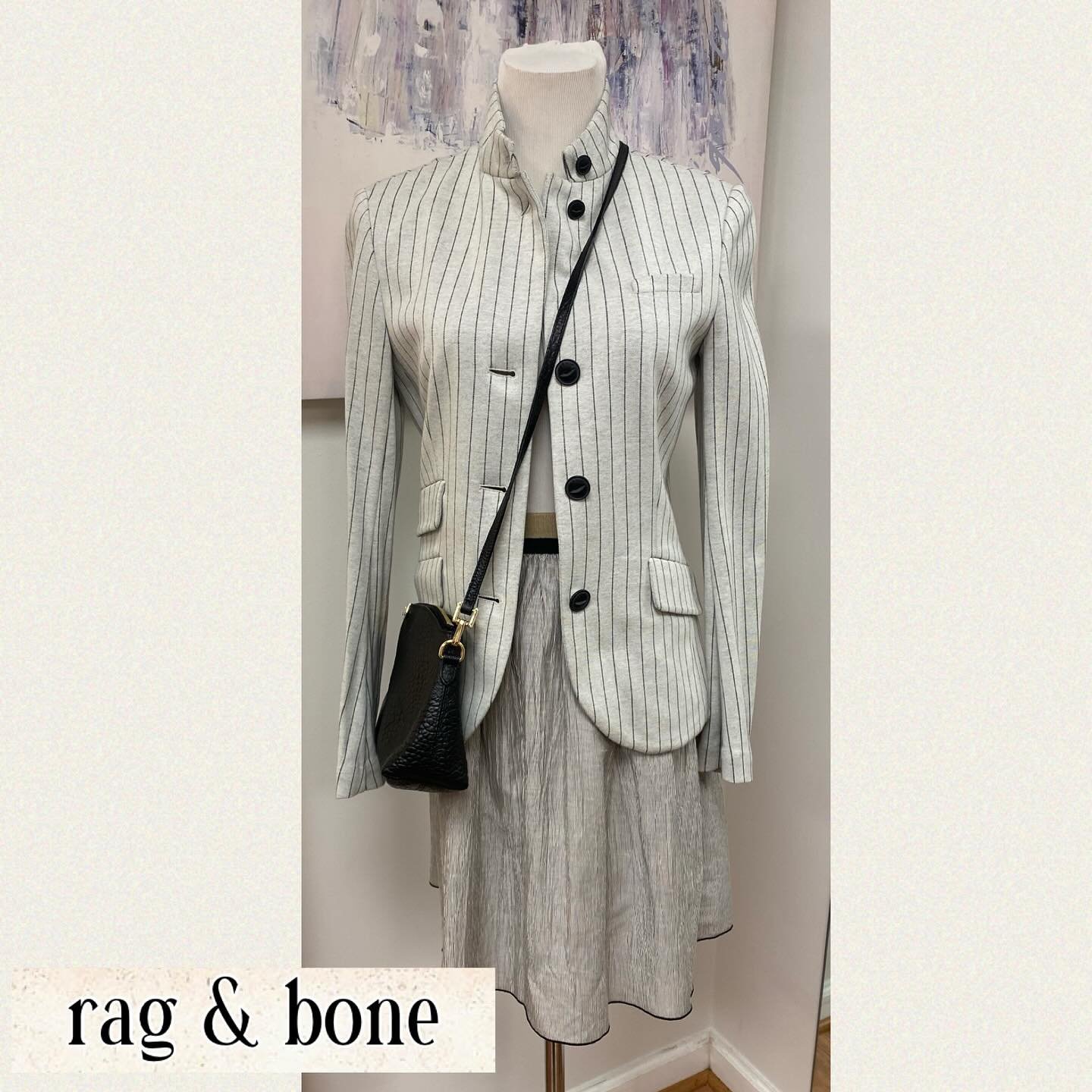 Rag &amp; Bone Jacket(4) and Skirt(0). The bag is Burberry, Embossed Chichester Crossbody. #ragandbone #burberrybag #redeuxapparel #shoplocal #consignmentboutique