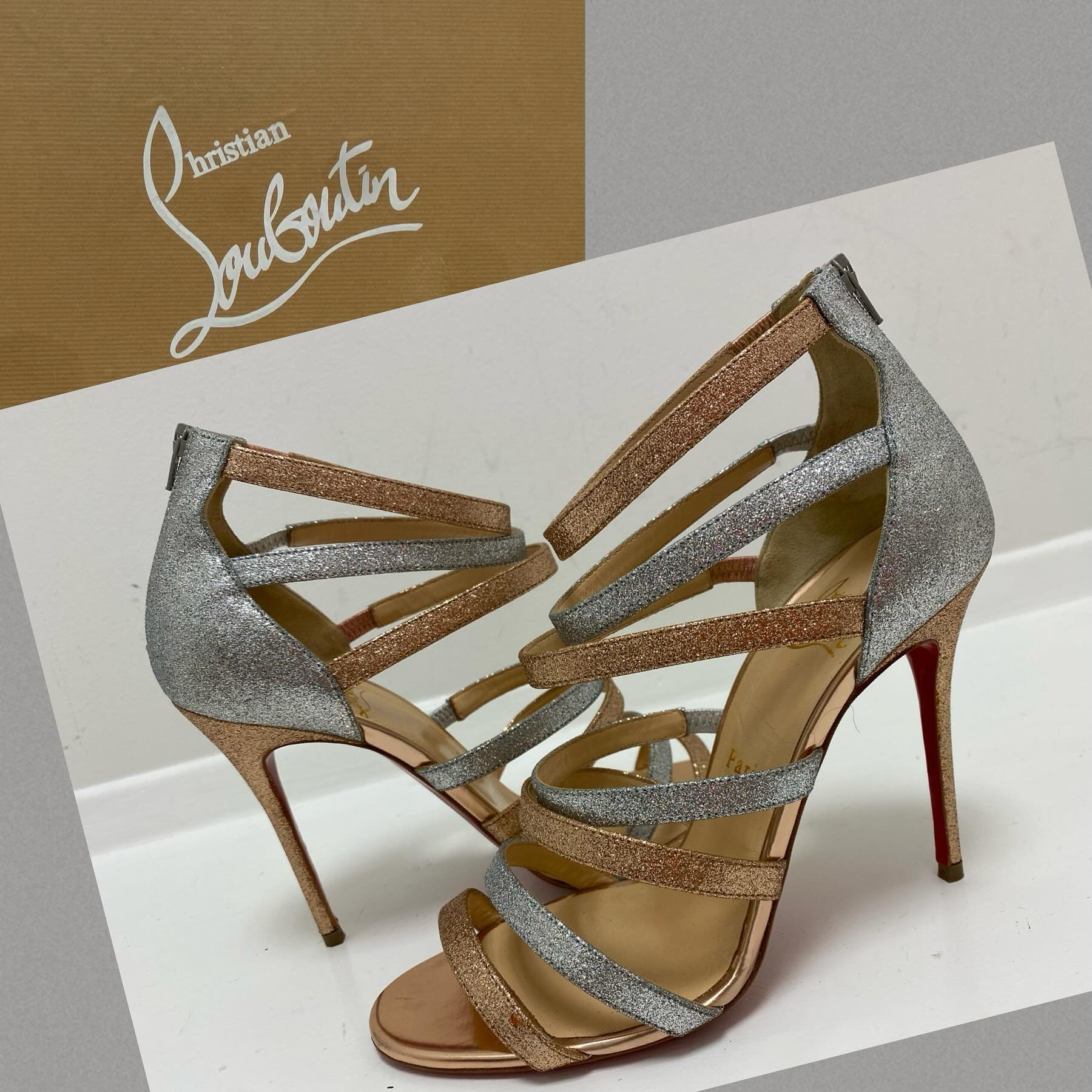 Louboutin Gold/Silver Glitter Sandals Size 38  #louboutin #designersandals #redeuxapparel #shoplocal #consignmentboutique