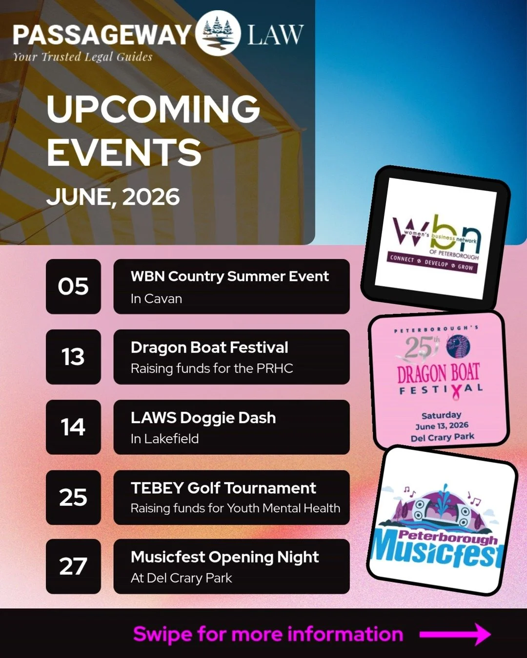 June is a busy month for Peterborough and we're here for it! 👏 Catch us at any of the following events, and check out their links below for more information. 
👇👇👇👇

WBN Summer Gala: https://wbnptbo.ca/event/summer-gala/

Dragonboat Festival: htt
