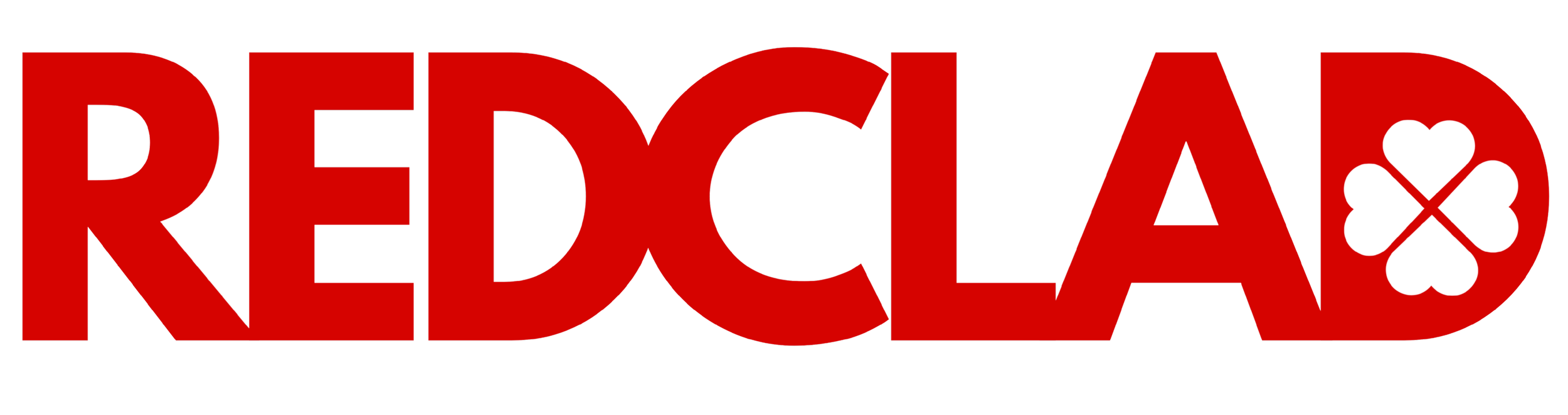 Red text on black background spelling 'REDCLAD' with a heart-shaped clover symbol at the end.