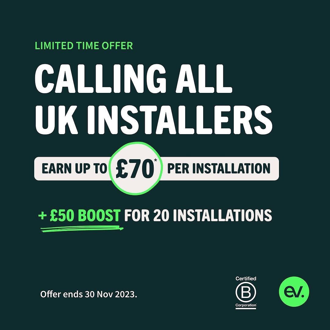 @e.v.energy ⚡️📢 Calling all UK EV charger installers! 

Fancy up to &pound;70* extra per installation? 

We need your help to get more EV drivers smart charging to protect the grid before winter. 

In return, you could earn:

🔌&pound;10 when you in