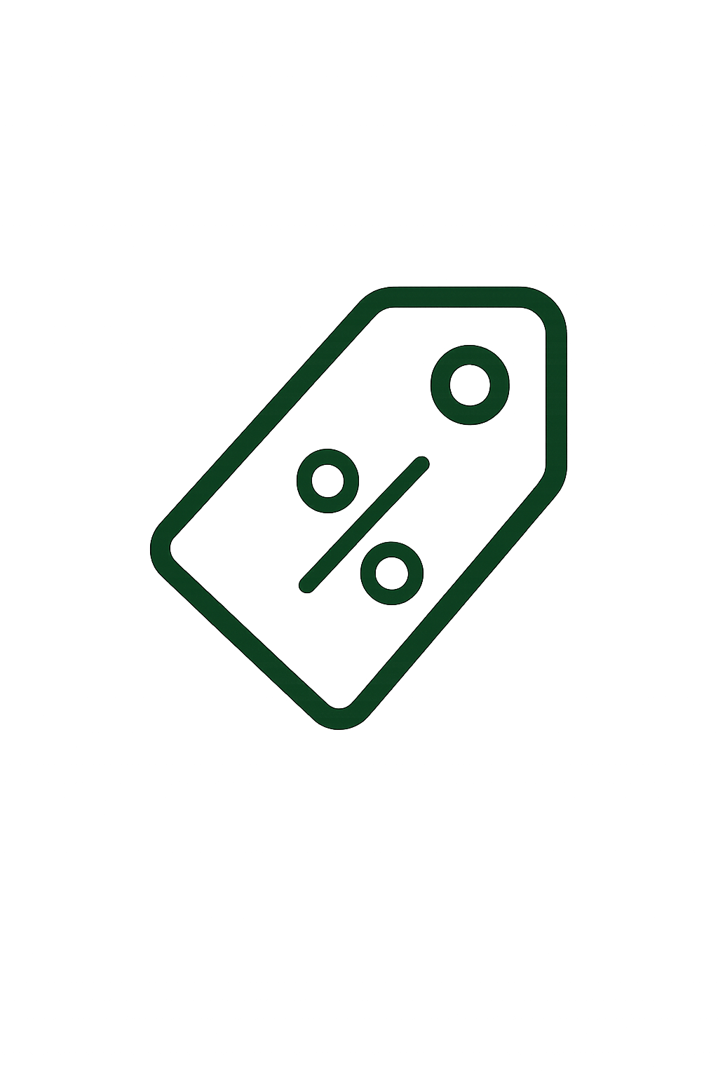 A green outline graphic of a price tag with a percentage discount symbol in the center.