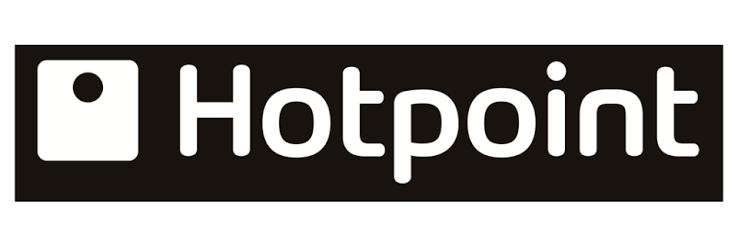 Hotpoint logo with a black background, a white square icon with a circle in the center, and the brand name in white text.