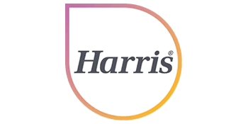 Harris logo with stylized letter D outline in pink and orange.