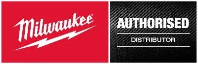 Milwaukee authorized distributor sign with red and black background.