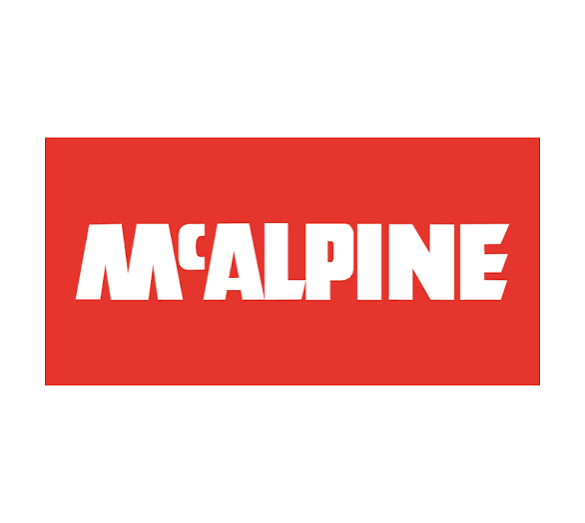 Red background with white text reading 'M'ALPINE' in bold, stylized font.