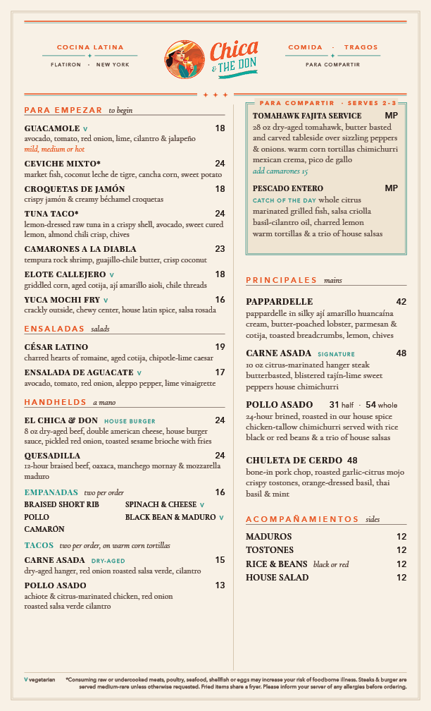 Menu page with sections for Cocina Latina, Comida y Tragos, Para Empezar, Para Compartir, Principales, Acompañamientos, and various food and drink options listed with prices.