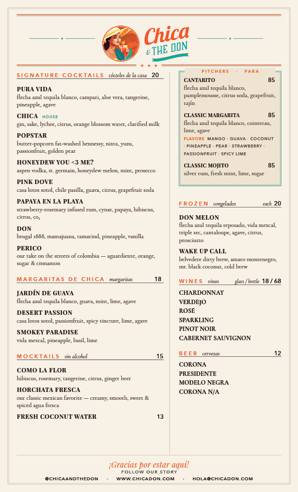Menu for Chica & The Don featuring signature cocktails, pitchers, frozen drinks, wines, and beers with descriptions and prices.