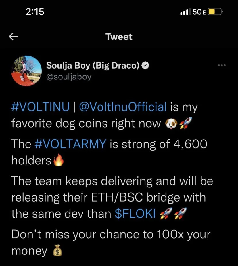 A tweet from Soulja Boy discussing DOGE coins, Volt Inu, and upcoming blockchain projects, with hashtags and emojis.